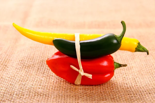 Bundle of Hot pepper varieties of jute background — Stock Photo, Image