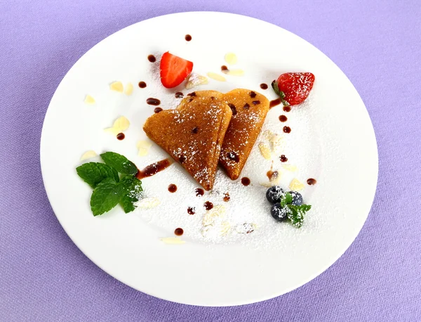 Two pancakes heart and chocolate, strawberry, mint arrow — Stock Photo, Image