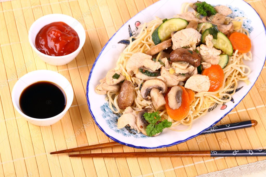 Chicken meat with china-asian noodle, vegetables