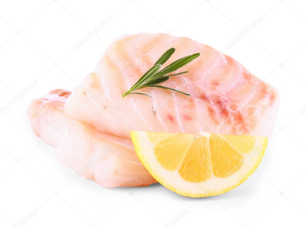 Cod fish fillet with lemon, rosemary on white