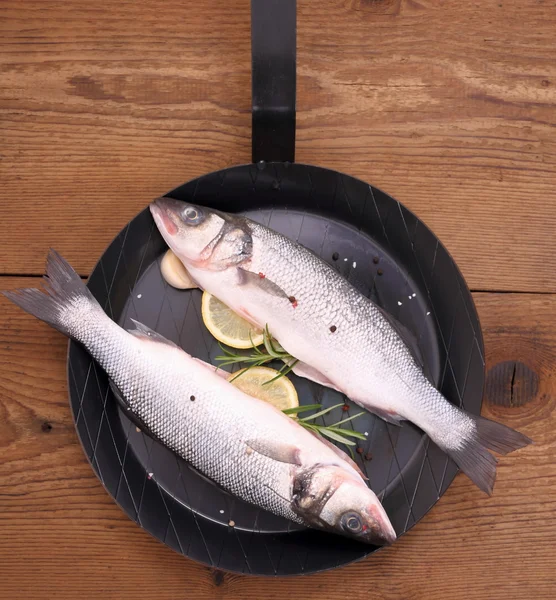 Dois peixes de robalo fresco na frigideira com ingredientes — Fotografia de Stock