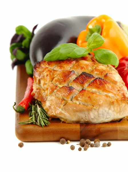 Glazed Roast Pork with vegetables isolated on white background. — Stock Photo, Image