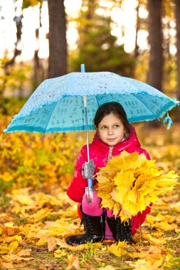 küçük kız düşmüş altın yaprağı ile oynarken iyi eğlenceler