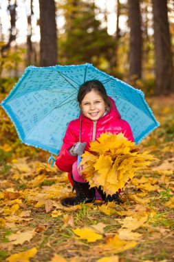 küçük kız düşmüş altın yaprağı ile oynarken iyi eğlenceler