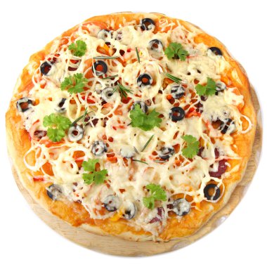 jambon, biber ve üzerinde beyaz zeytin pizza
