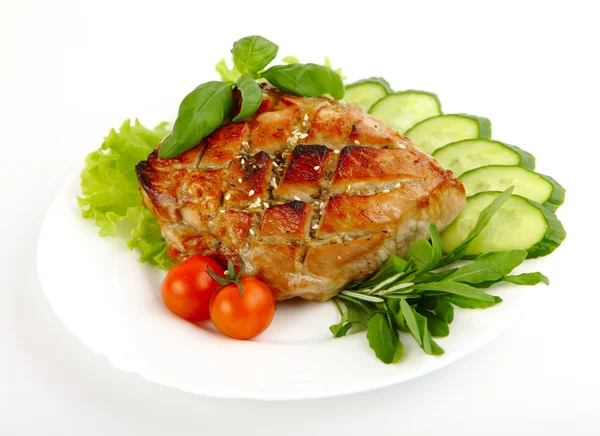 Glazed Roast Pork with vegetables isolated on white background. — Stock Photo, Image