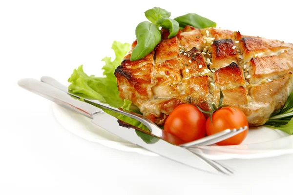 Glazed Roast Pork with vegetables isolated on white background — Stock Photo, Image