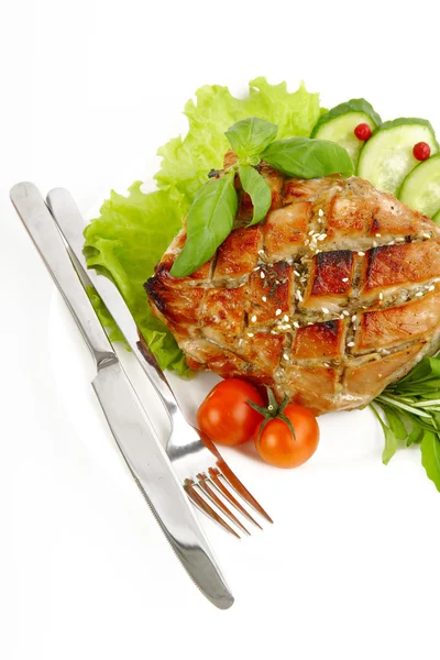 Glazed Roast Pork with vegetables isolated on white background — Stock Photo, Image