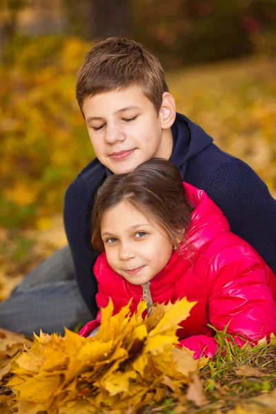 Children playing with autumn fallen leaves Stock Image
