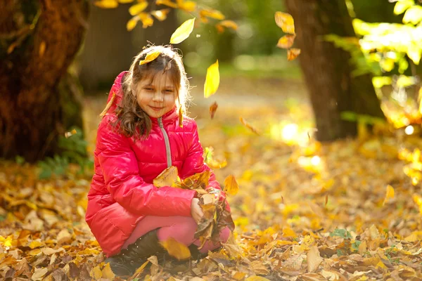 Niños jugando con hojas caídas de otoño — Foto de Stock