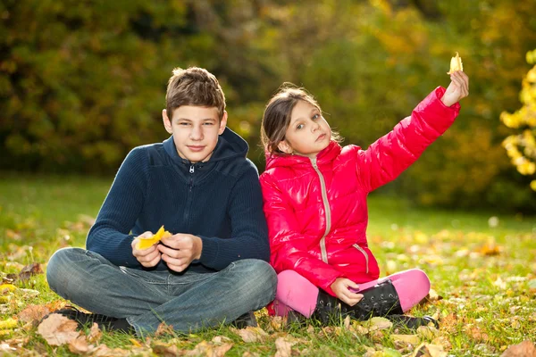 Crianças brincando com outono folhas caídas — Fotografia de Stock