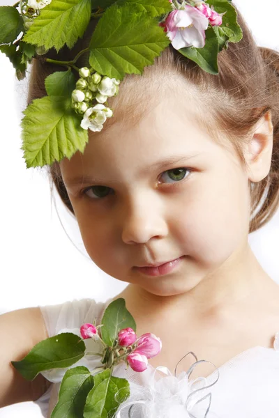Vacker liten flicka med apple blossom — Stockfoto