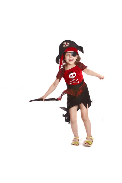 Hermosa niña en un traje de pirata aislado — Foto de Stock