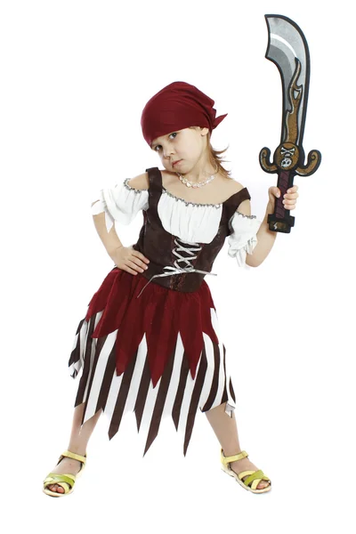 Belle petite fille dans un costume de pirate isolé — Photo