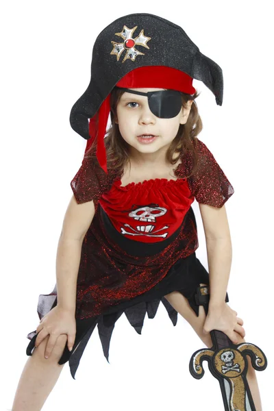 Menina bonita em um traje de pirata isolado — Fotografia de Stock