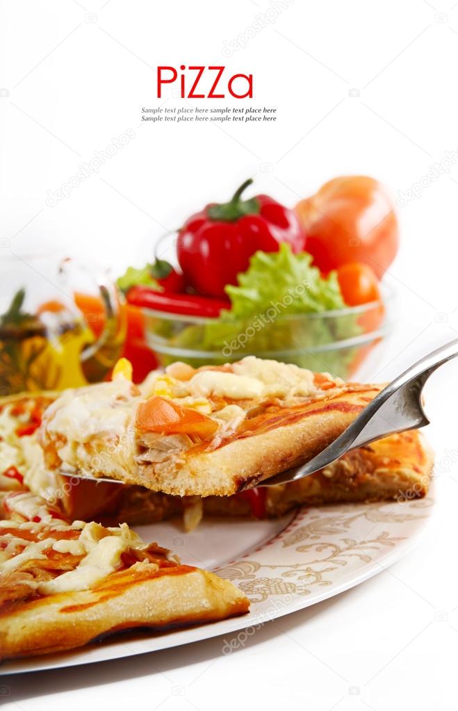 Supreme Pizza lifted slice with tuna and paprika isolated over white background