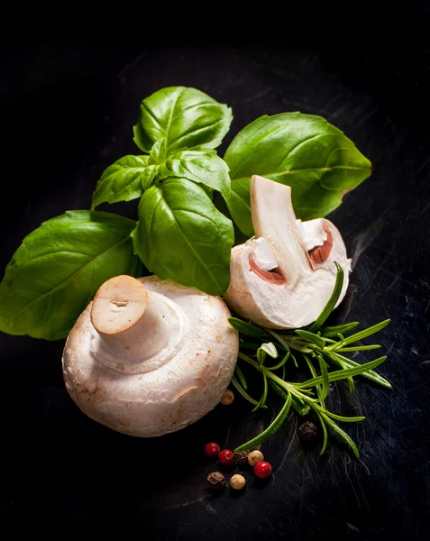 White mushroom with spice in black background — Stock Photo, Image