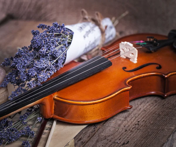 Composição vintage com violino e lavanda — Fotografia de Stock