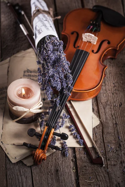 Composición vintage con violín y lavanda —  Fotos de Stock