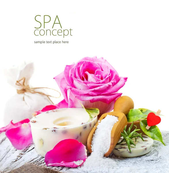 Sea salt, rose, soap and candle — Stock Photo, Image