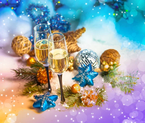 New Year Christmas Celebration Two Champagne Glasses Holiday Decoration — Stock Photo, Image