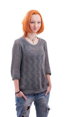 güzel yong kadın Kızıl saçlı beyaz izole