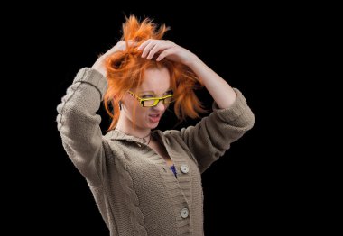 güzel yong iş kadın Kızıl saçlı siyah izole