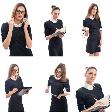 güzel yong kadın üzerinde beyaz izole gözlük