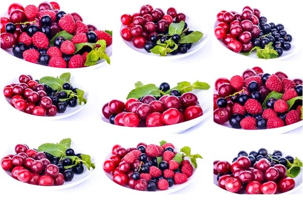 Set of photos Colorful berry composition of raspberry, cherry, currant and mint leafs — Stock Photo, Image