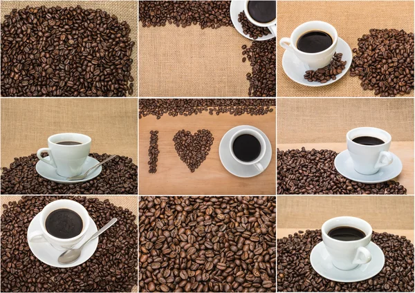 Reihe von Fotos leckeren Kaffee mit Kaffeebohnen auf dem Hintergrund — Stockfoto