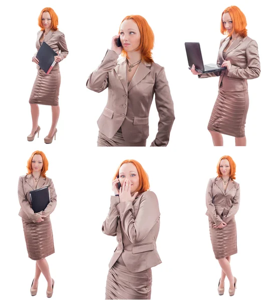 Set of photos Beautiful yong buisness woman  with red hair isolated on white — Stock Photo, Image