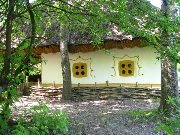 Cabaña ucraniana en el museo etnográfico en Ucrania. Antigua casa histórica nacional ucraniana en estilo rústico. Antigua cabaña con techo de paja de paja en verano, rodeada de árboles verdes. —  Fotos de Stock