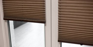 Pleated blinds with small fold 20mm close up on the window. Brown color bottom up top down home shades. Luxury cordless blinds.