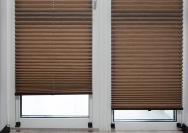 Pleated blinds with small fold 20mm close up on the window. Brown color bottom up top down home shades. Luxury cordless blinds.
