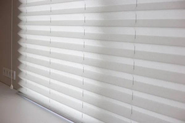 Pleated shades size XL, 50mm fold, close up on the window, white color, white background. Modern pleated blinds, luxury sun protection and window decoration.