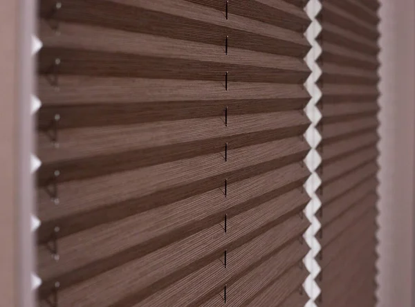 Pleated blinds close up on the window in the interior. Home blinds - cordless pleated modern shades on apartment windows. Brown color fabric.