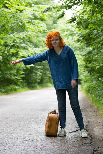 Travelings Hitchhiking Young Girl Red Hair Vintage Suitcase Catches Car Stock Photo