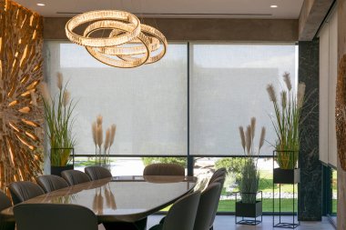 Roller blinds in the interior. Automatic solar shades large size on the window. Modern interior with wood decor panel on the wall. Green plants in hi-tech flower pots. Electric curtains for home. 