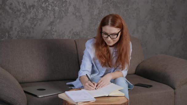 Aantrekkelijke Vrouw Met Rood Lang Haar Schrijven Lijst Notebook Planning — Stockvideo