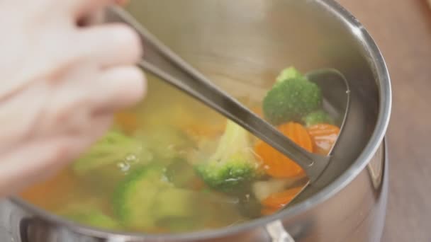 Fechar Vegetais Coloridos Concha Conceito Almoço Sopa Quente Saudável Refeição — Vídeo de Stock