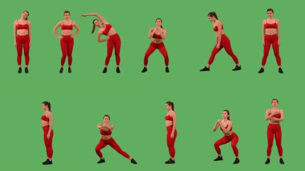 Collage Woman Doing Workout Squat Exercises Stretching Fitness Isolated Green — Stockvideo