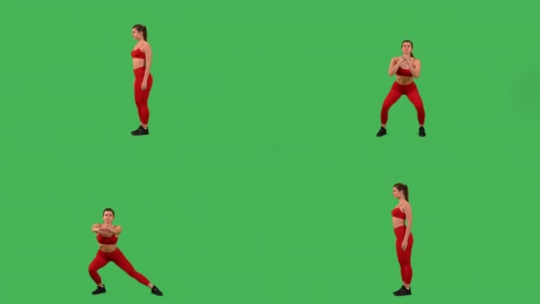 在绿屏背景下做腿部蹲姿和身体平衡运动的女大学生 — 图库视频影像