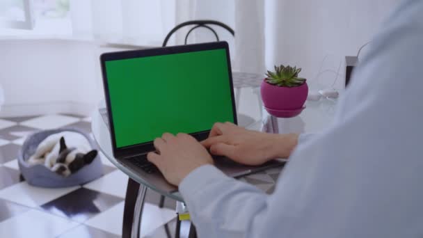 Felismerhetetlen Férfi Egy Asztalnál Gépelés Billentyűzeten Laptop Zöld Képernyővel — Stock videók