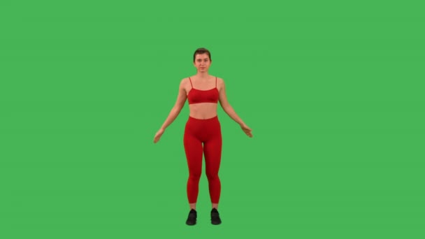 Woman Doing Warm Exercise Arms Shoulders Isolated Green Screen Background — 图库视频影像