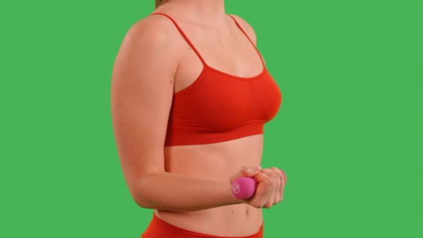 Woman Doing Exercises Dumbell Strong Arms Dressed Red Top Sports — Video