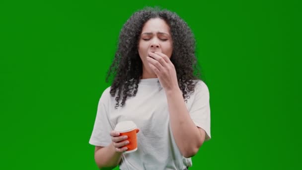 Sleepy Woman Curly Long Hair Dressed White Shirt Drinking Coffee — Αρχείο Βίντεο