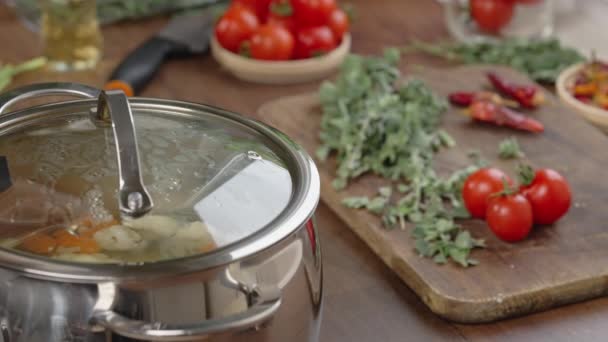 Lunch Home Close Shot Open Pot Lid Vegetable Soup Healthy — Vídeo de Stock