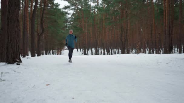Defocus Sportswoman Τρέχει Πίστα Χιονιού Στο Δάσος Δρομέας Ντυμένος Αθλητικά — Αρχείο Βίντεο