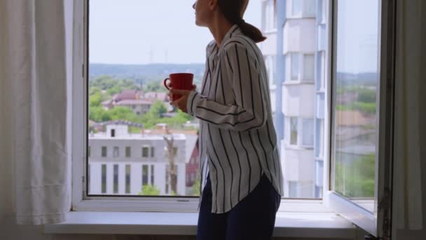 Woman Holding Cup Drinking Tea Sitting Windowsill Happy Time Home — Stock Video