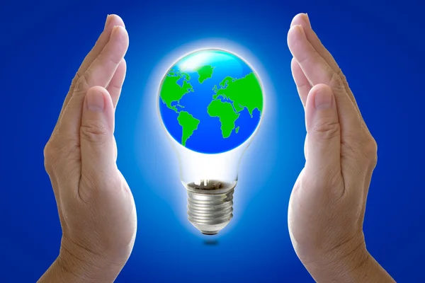 Abstract globe in light bulb and hand protection, protect our wo — Stock Photo, Image